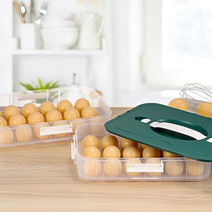 BTSKY Deviled Egg Platter with Lid, 2-Layer 36 Slots Deviled Eggs Carrier, Clear Portable Eggs Holder for Fridge Reusable Deviled Egg Tray Carton Box for Easter and Party Favor (2-Layer, Green)