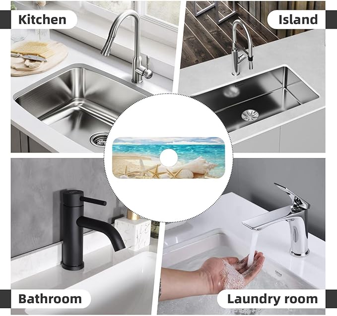 Beach Starfish Seashell Shell Summer Kitchen Sink Splash Guard Faucet Mat Super Absorbent Fast Drying Mat Sink Gadgets-Fast Drying Pad Sink Mat For Kitchen Bathroom (15" X 5.5" )