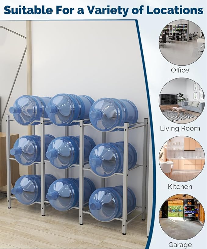 Mocomax 5 Gallon Water Jug Rack - 3 Tier Heavy Duty Cooler Rack, Detachable Bottle Holder for 9 Bottles, Organizer for Kitchen, Office, Living Room, White