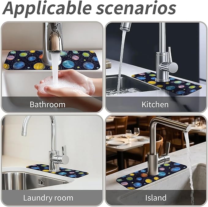 Kitchen Sink Splash Guard,Colorful planets Faucet Mat Sink Gadgets-Super Absorbent Fast Drying Mat Drip Catcher for Kitchen, Bathroom,Sink Mat, Dish Drying Mat, Bathroom(15" X 5.5" )
