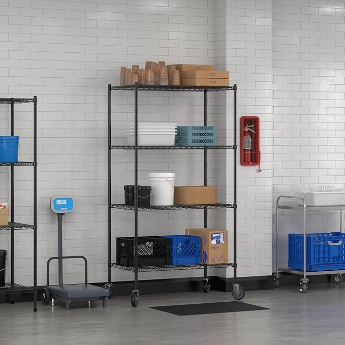 Commercial NSF Listed Black Epoxy Mobile Wire Shelving Kit 24" x 42" x 80", with 4 Shelves Perfect for Warehouse, Walk-in Refrigerator, Freezer, Grocery Store, Restaurant, Dishroom
