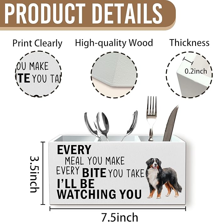 Bernese Mountain Dog Kitchen Utensil Holder for Countertop, Dog Decorative Lover Gifts, Funny Every Meal You Make Every Bite You Take Wooden Utensil Holder Organizer for Kitchen Table Decor