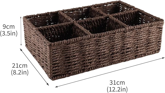 Snack Bar Station Organizer,Pantry Organizers and Storage Bins,Hand-Woven Snack Basket for Countertop with 6 Compartments,Snack Display Box for Candy,Drink Packet,Chips,Spice Organizer,Brown