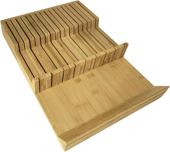 Bamboo In-Drawer Knife Block, 17 Slot Large Capacity Knives Organizer, Upper and Lower Kitchen Steak Knife Storage Rack - Holds 8 Short + 9 Long Knives