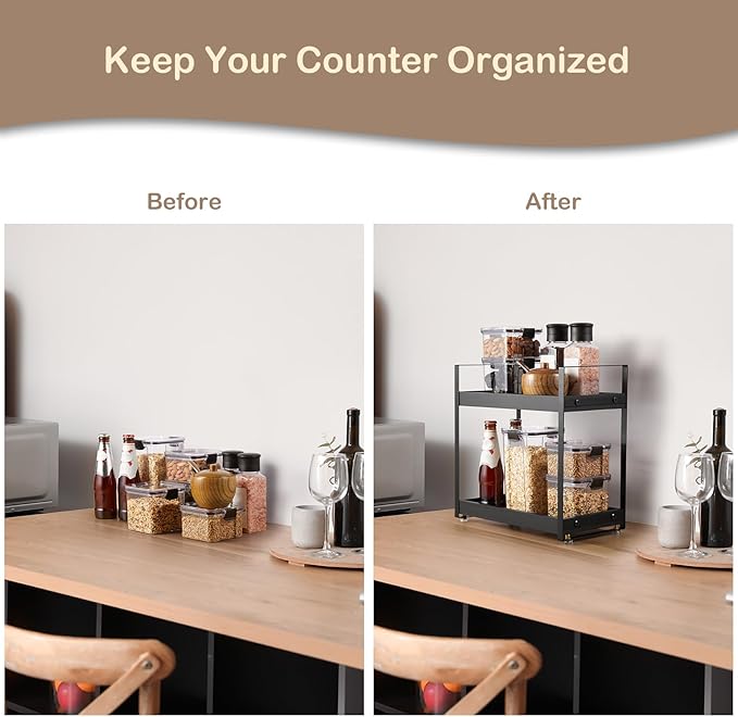 Black Coffee Station Organizer, 2 Tier Wooden Shelf for Coffee Bar Accessories, Countertop Organizer Shelf for Bathroom, Vanity, Kitchen, Perfume, Makeup