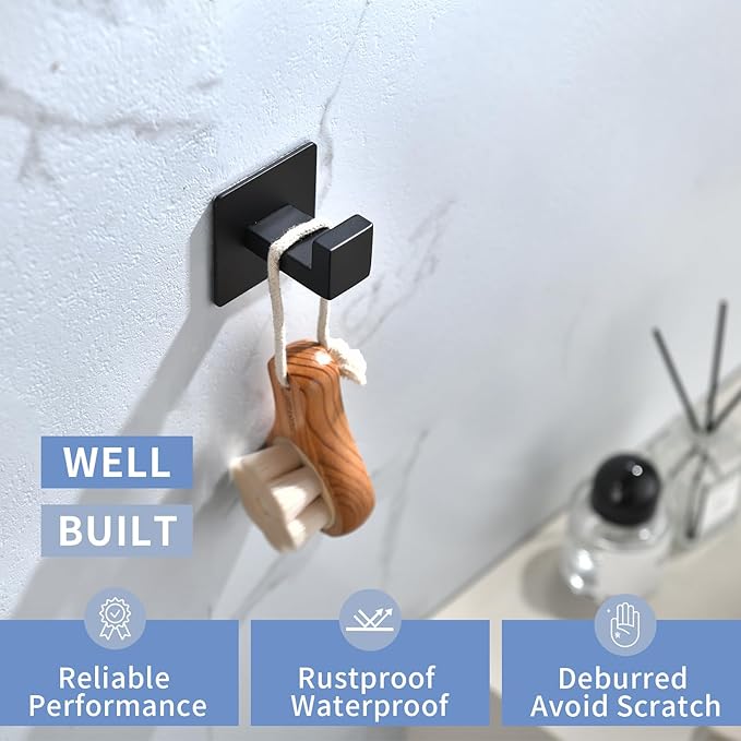 Linatikou Matte Black Adhesive Hooks, 2-Pack Stainless Steel Right Angle Hooks for Towels, Robes, Hats - No Drill Bathroom & Kitchen Organization, Rust-Proof for Smooth Surfaces