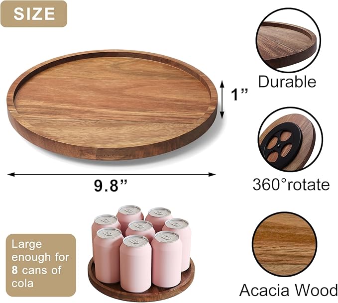 Lazy Susan Organizer for Kitchen, Acacia Wood Turntable for Cabinet, Pantry, Table, Countertop, Vanity, Spice Rack(Medium)