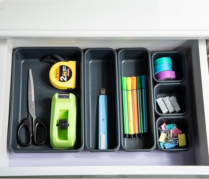 Gonice 18 PCS Black Desk Drawer Organizer Tray, Interlocking Drawer Organizers and Storage with 3 Sizes for Office, Bathroom, Kitchen, Makeup