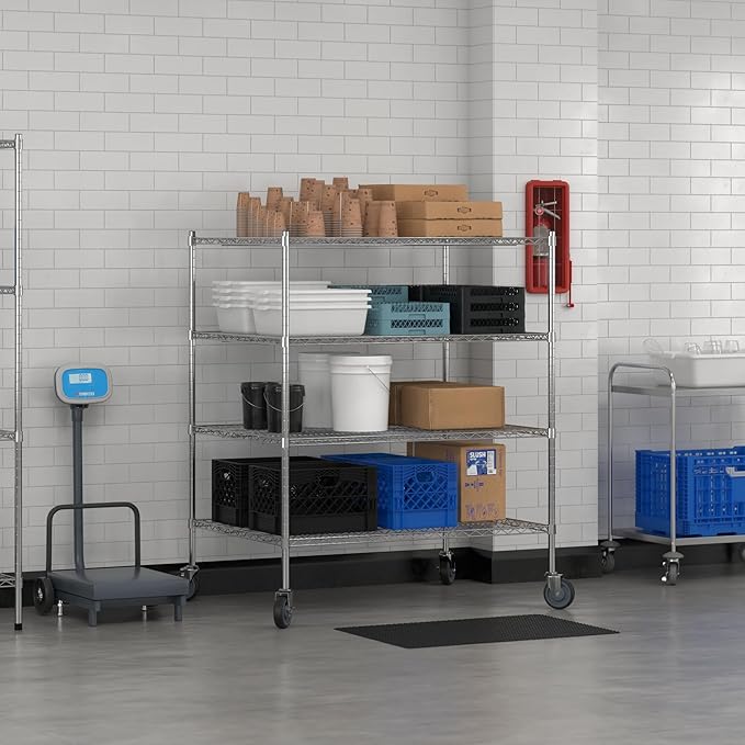 Commercial NSF Listed Chrome Mobile Wire Shelving Kit 36" x 48" x 60", with 4 Shelves Perfect for Warehouse, Walk-in Refrigerator, Freezer, Grocery Store, Restaurant, Dishroom