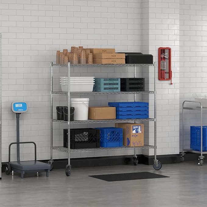 Commercial NSF Listed Chrome Mobile Wire Shelving Kit 24" x 54" x 60", with 4 Shelves Perfect for Warehouse, Walk-in Refrigerator, Freezer, Grocery Store, Restaurant, Dishroom