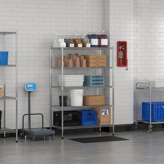 Commercial NSF Listed Chrome Stationary Wire Shelving Kit 21" x 42" x 64", with 5 Shelves Perfect for Warehouse, Walk-in Refrigerator, Freezer, Grocery Store, Restaurant, Dishroom