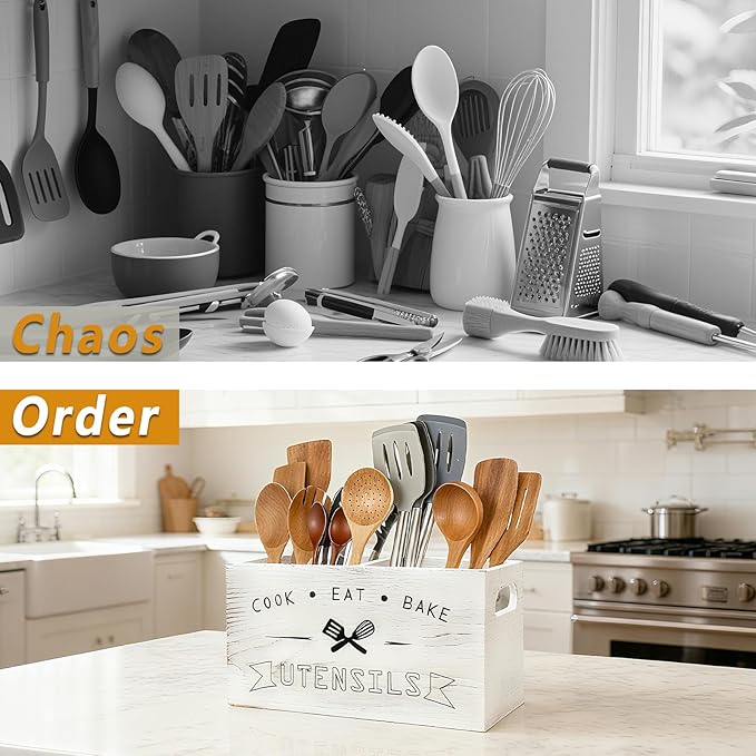 Large and Durable Retro White Wooden Kitchen Utensil Holder - Ideal Kitchen Counter Decor for Party, Counter & More (Retro White 4 Compartment)
