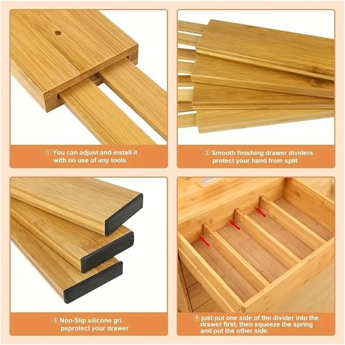 Bamboo Drawer Dividers Organizers Adjustable Expandable Spring Loaded Separators For Kitchen Bedroom Dresser Offic(4PCs 17-22in)