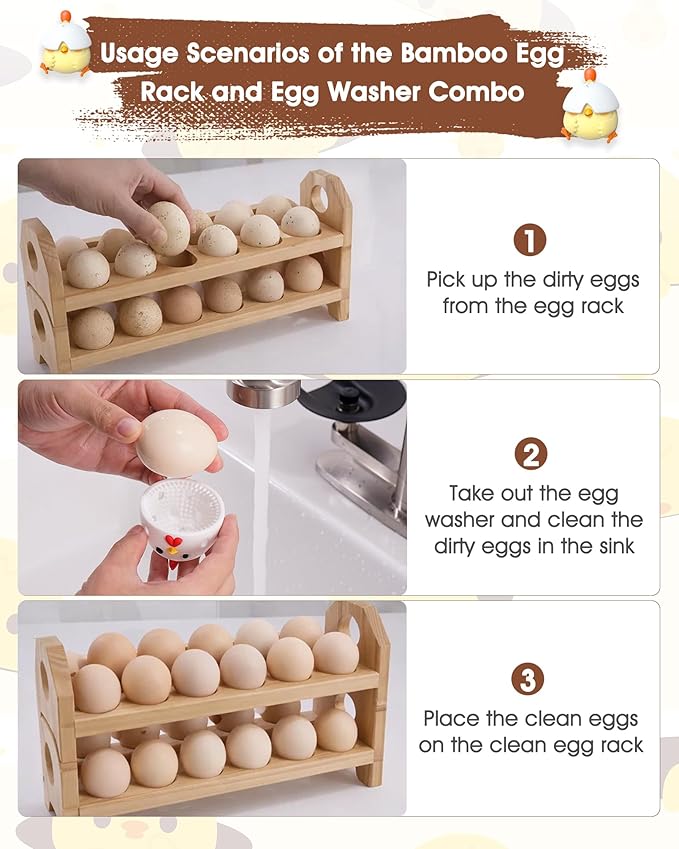 Bamboo Egg Holder Countertop with Silicone Egg Cleaner, 2-Tier Egg Holder for 24 Eggs, Stackable Design for Fresh Eggs, Farmhouse Egg Tray Storage Display Rack,Fits Quail, Duck, Chicken Eggs