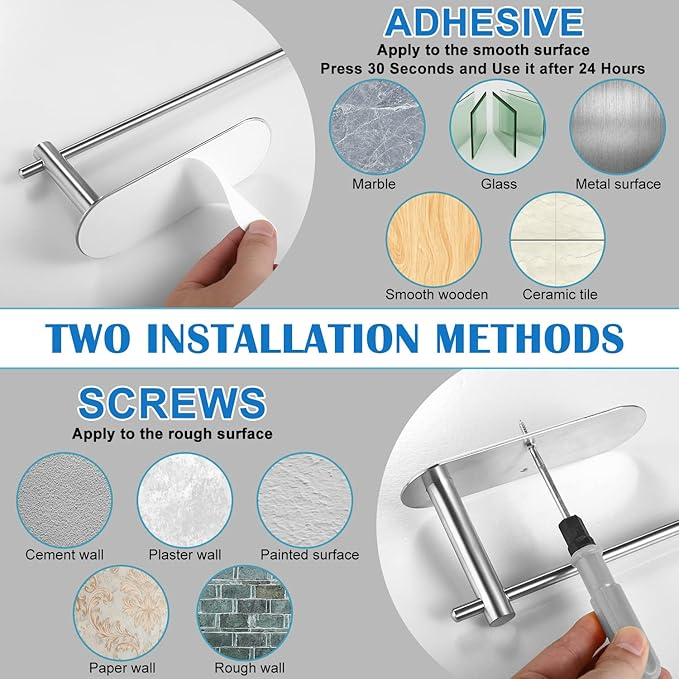 Paper Towel Holder Under Kitchen Cabinet - Self Adhesive or Drilling Paper Towel Holder Stick on Wall for Kitchen, Bathroom, Cabinets, SUS304 Stainless Steel - Silver