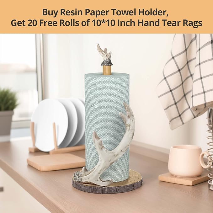 Antler Ridge Paper Towel Holder,with Microfiber Tearable Rags Countertop Paper Towel Holders, Vintage Standing Paper Towel Holder for Kitchen, Bathroom, Table Kitchen Decor 15.5''x6.5''