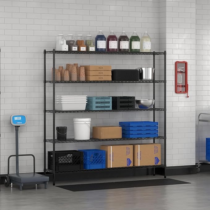 Commercial NSF Listed Black Epoxy Stationary Wire Shelving Kit 14" x 72" x 74", with 5 Shelves Perfect for Warehouse, Walk-in Refrigerator, Freezer, Grocery Store, Restaurant, Dishroom