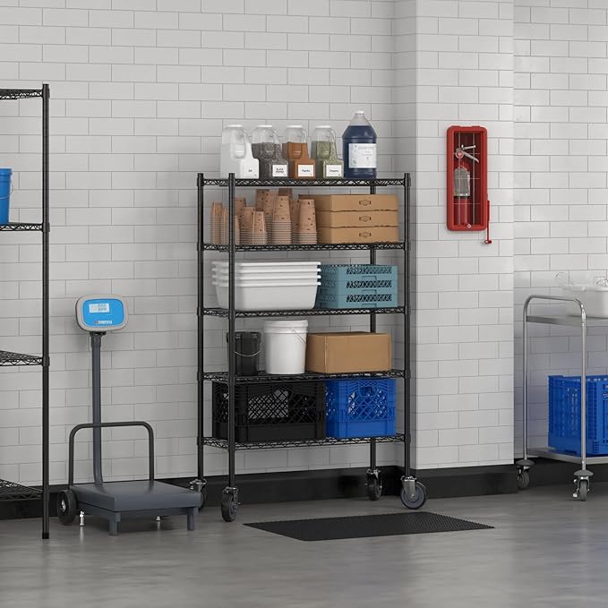 Commercial NSF Listed Black Epoxy Mobile Wire Shelving Kit 14" x 36" x 60", with 5 Shelves Perfect for Warehouse, Walk-in Refrigerator, Freezer, Grocery Store, Restaurant, Dishroom