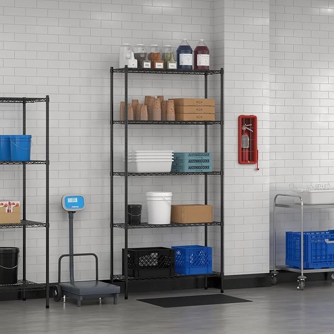 Commercial NSF Listed Black Epoxy Stationary Wire Shelving Kit 14" x 42" x 86", with 5 Shelves Perfect for Warehouse, Walk-in Refrigerator, Freezer, Grocery Store, Restaurant, Dishroom