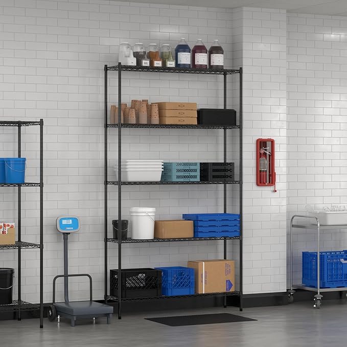 Commercial NSF Listed Black Epoxy Stationary Wire Shelving Kit 14" x 54" x 96", with 5 Shelves Perfect for Warehouse, Walk-in Refrigerator, Freezer, Grocery Store, Restaurant, Dishroom