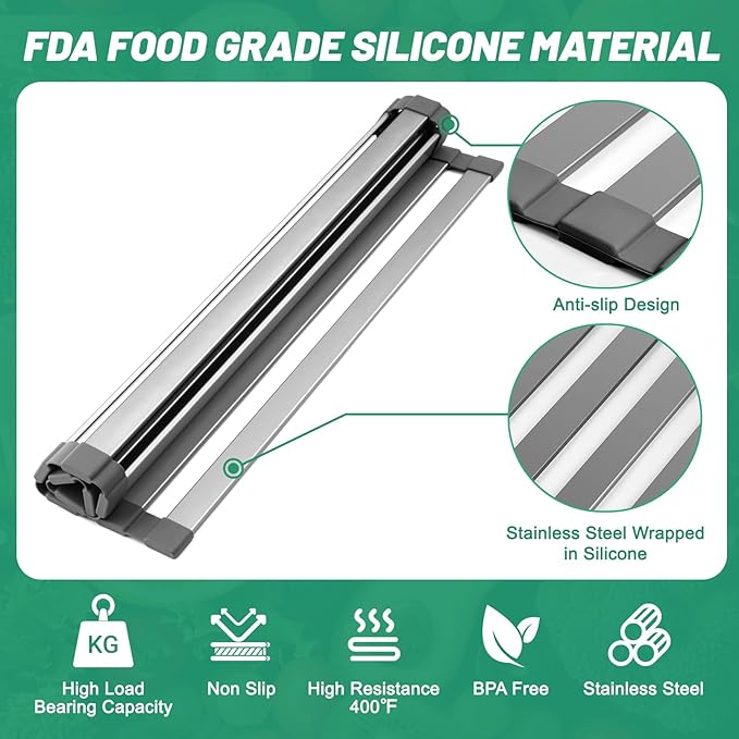 19" X 13" Roll Up Dish Drying Rack,Over The Sink Drying Rack 304 Stainless Steel Foldable Heat-Resistant Dishes Drainer for Kitchen and RV Sink Counter