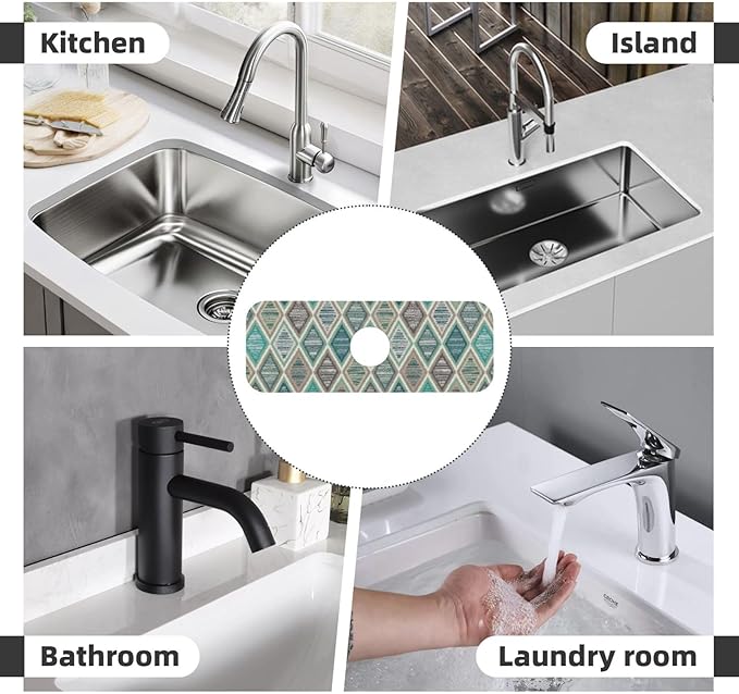 Teal And Brown Boho Style Kitchen Sink Splash Guard Faucet Mat Super Absorbent Fast Drying Mat Sink Gadgets-Fast Drying Pad Sink Mat For Kitchen Bathroom (15" X 5.5" )