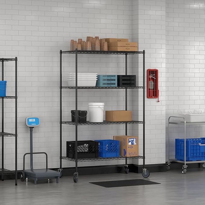 Commercial NSF Listed Black Epoxy Mobile Wire Shelving Kit 24" x 48" x 80", with 4 Shelves Perfect for Warehouse, Walk-in Refrigerator, Freezer, Grocery Store, Restaurant, Dishroom
