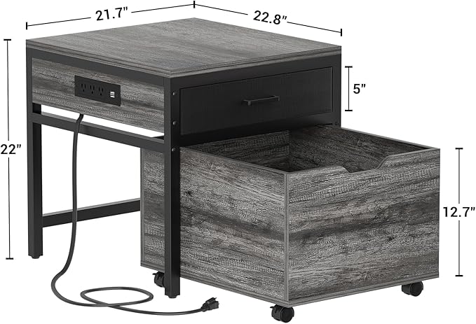 Unikito Mini Fridge Stand with Storage and Charging Station, Refrigerator Table with Drawer Basket for Dorm, Apartment, Office, Bedroom, Heavy Duty Small Refrigerator Stand Cart, Hold 300LBS, Gray Oak