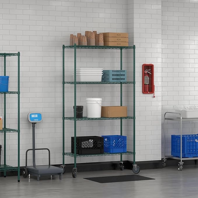 Commercial NSF Listed Green Epoxy Mobile Wire Shelving Kit 18" x 42" x 80", with 4 Shelves Perfect for Warehouse, Walk-in Refrigerator, Freezer, Grocery Store, Restaurant, Dishroom