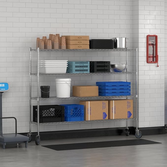 Commercial NSF Listed Chrome Mobile Wire Shelving Kit 14" x 72" x 60", with 4 Shelves Perfect for Warehouse, Walk-in Refrigerator, Freezer, Grocery Store, Restaurant, Dishroom