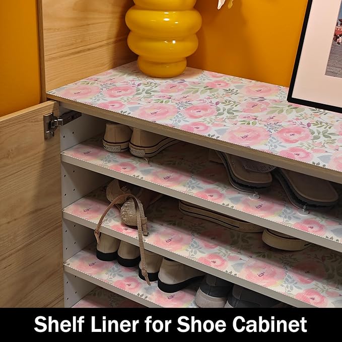 Amiitay Peach Peony Shelf and Drawer Liner 12IN x 20FT,Non-Adhesive and Strong Non-Slip Floral Cabinet Drawer Liners for Kitchen Shelf, Waterproof Cupboard Liners,Easy to Clean
