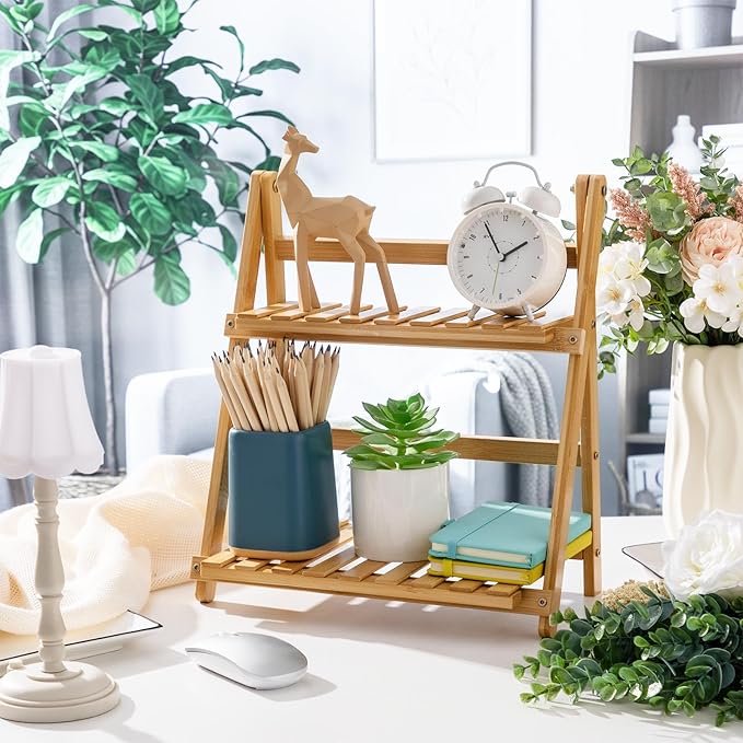Matcha Station Shelf, 11.8'' Coffee Station Organizer, 2 Tiers Bamboo Mug Holder Countertop, Desktop Flower Pot Rack for Home Living Room Window Sill Foldable Display Storage Shelf(Wood)