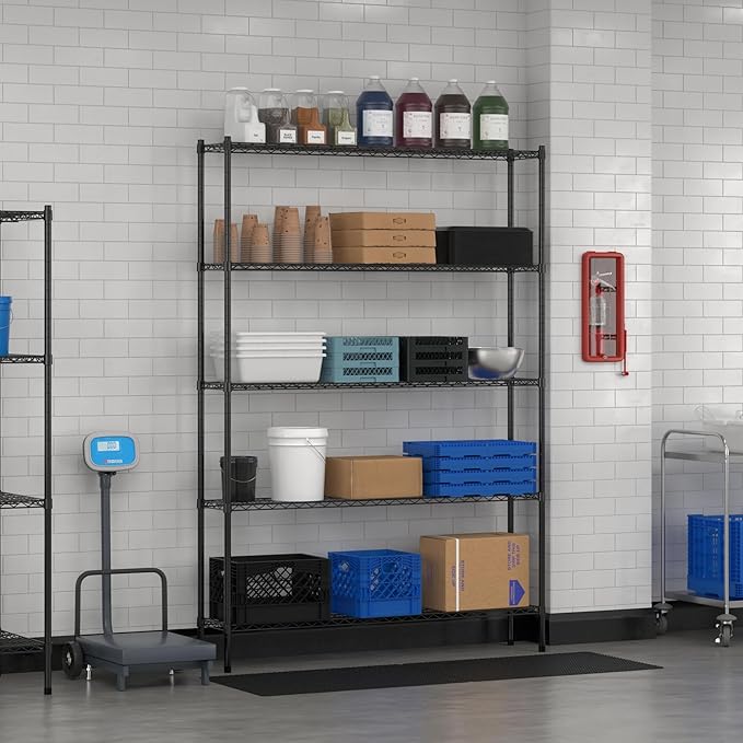 Commercial NSF Listed Black Epoxy Stationary Wire Shelving Kit 12" x 60" x 86", with 5 Shelves Perfect for Warehouse, Walk-in Refrigerator, Freezer, Grocery Store, Restaurant, Dishroom