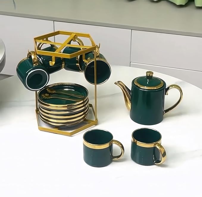 Coffee Mug Holder Countertop,Muted Golden Yellow Metal Coffee Cup Holders for Counter,Warm Dark Gold Mug Stand Rack for Counter Top 6 Hooks(Hexagon,Muted Gold)