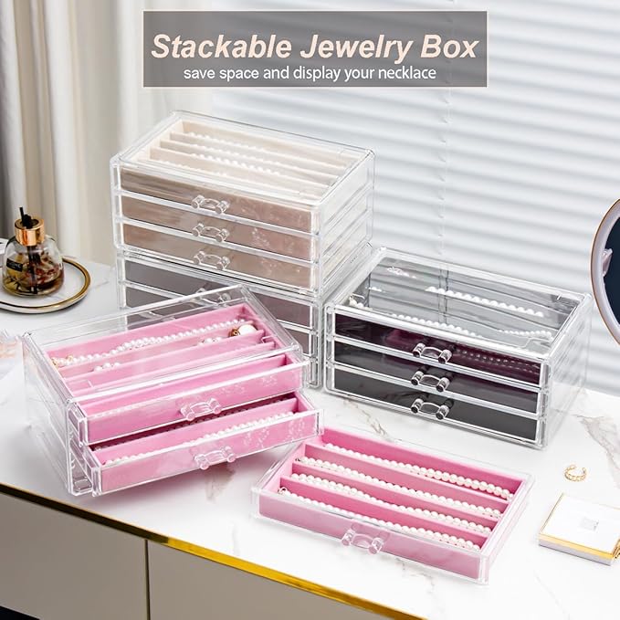 Necklace Holder Organizer, Dustproof Necklace Box Velvet Necklace Organizer Box with Lid Clear Acrylic Dustproof Stackable Jewelry Displays for Necklaces Chain Display (Beige, 3 Drawer)