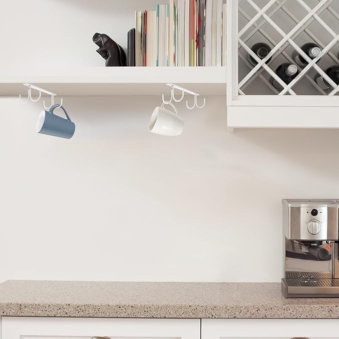Cabinet Mug Hooks Rack, White Iron Kitchen Rack with 4 Hooks, Space-Saving Cupboard Holder and Utensil Organizer for Kitchen Storage