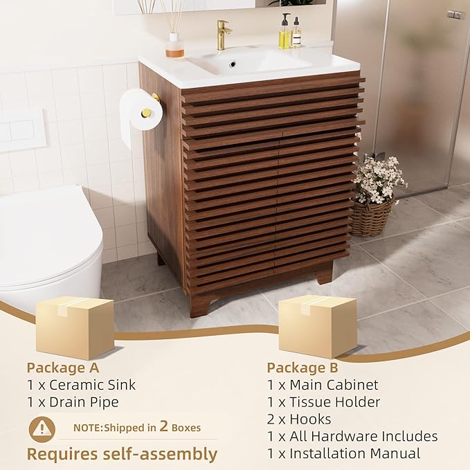 VNN 24 Inch Bathroom Vanity with Ceramic Sink - Freestanding Storage Cabinet with Fluted Design, Soft-Close Doors and Shelves, Compact Modern Storage for Small Bathrooms/Powder Rooms, Walnut