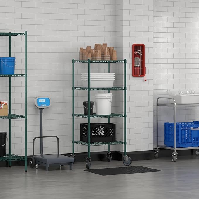 Commercial NSF Listed Green Epoxy Mobile Wire Shelving Kit 21" x 24" x 60", with 4 Shelves Perfect for Warehouse, Walk-in Refrigerator, Freezer, Grocery Store, Restaurant, Dishroom