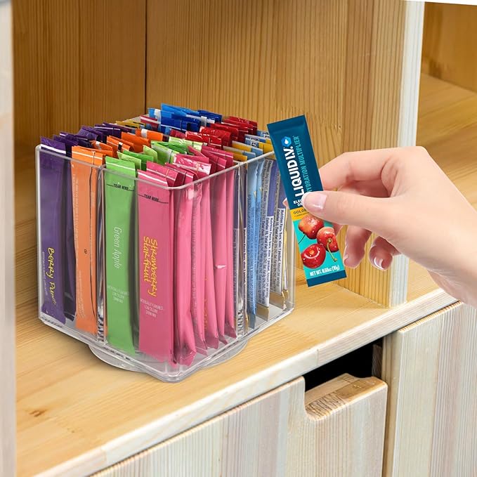 Drink Packet Organizer For Powdered Drink Mix,Powder Packet,Water Packet,Water Flavor Packet,Lazy Susan Organizer for Drink Mix Rotating Holder for Drink Mix Necessities(Square)