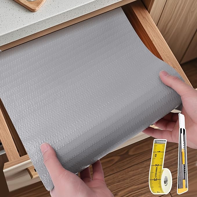 Shelf Liners for Kitchen Cabinets Non Adhesive Drawer Liner 17in x 30FT Pure Grey Thickened Shelf Liner Strong Non-Slip Easy to Clean for Tool Box Refrigerator with Knife and Tape Measure