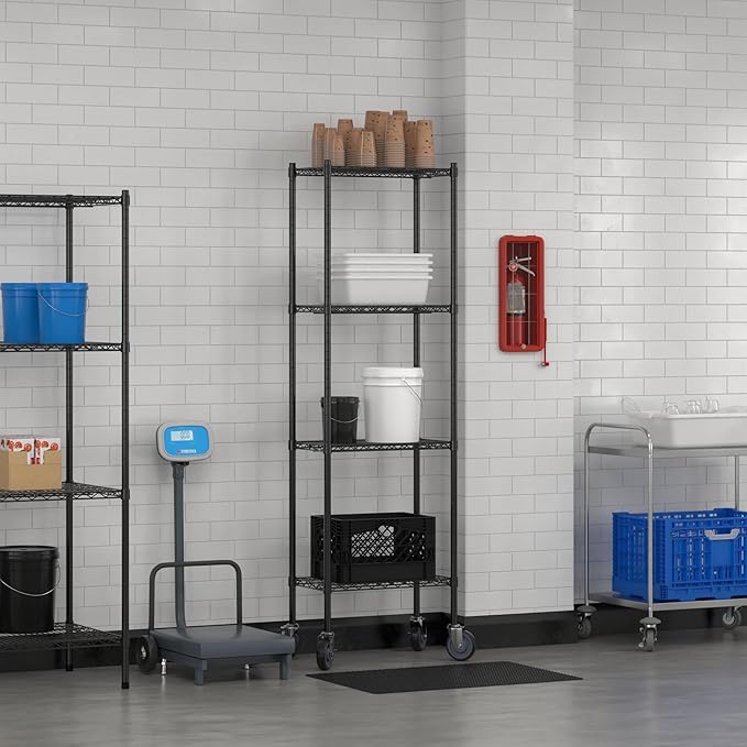 Commercial NSF Listed Black Epoxy Mobile Wire Shelving Kit 14" x 24" x 80", with 4 Shelves Perfect for Warehouse, Walk-in Refrigerator, Freezer, Grocery Store, Restaurant, Dishroom