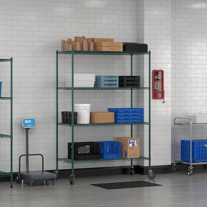 Commercial NSF Listed Green Epoxy Mobile Wire Shelving Kit 24" x 54" x 80", with 4 Shelves Perfect for Warehouse, Walk-in Refrigerator, Freezer, Grocery Store, Restaurant, Dishroom