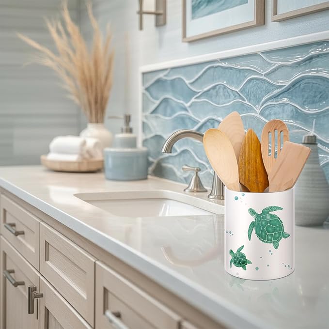WILLBOND Sea turtle Utensil Holder Cute Acrylic Kitchen Decor Cooking Utensil Crock Storage Caddy Organizer for Spatula Cooking Tools Kitchen Countertop Spoon Holder Jar Housewarming Gift