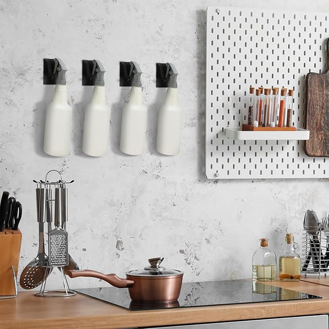 Otoolling 6 Pcs Adhesive Spray Bottle Hanger Wall Mount Metal Spray Bottle Hooks, Non Drilling Sprayer Bottles Holder Stubborn Adhesive Black Universal Easy Clean for Wall Cabinet Kitchen Under Sink