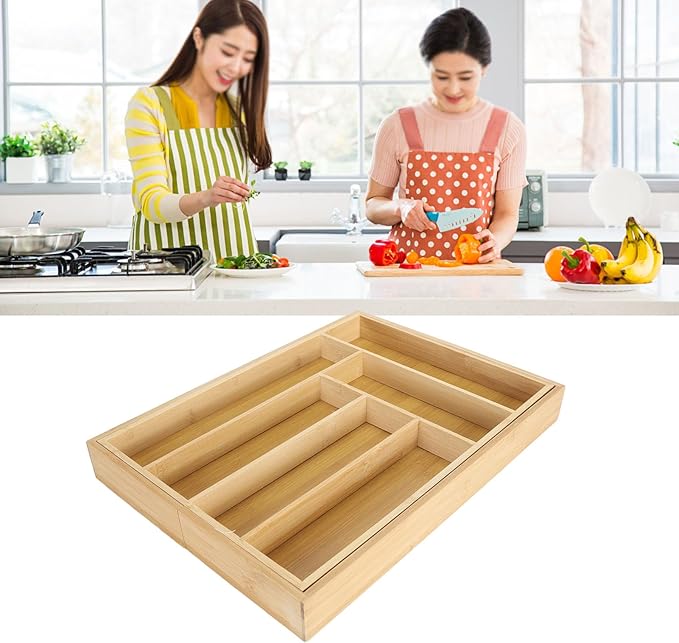 Kitchen Silverware Organizer Expandable for Cutlery and Utensils, Adjustable Wood Utensil Storage Cutlery Tray for Drawers, Kitchen Drawer Organizer Utensil Holder Makeup Organizer with(8 Slots)