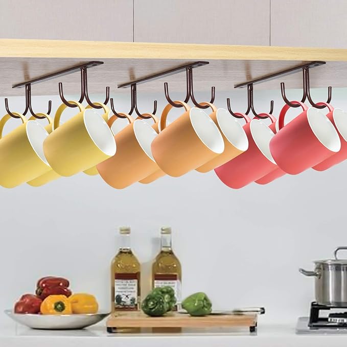 MOCOUM Under Cabinet Mug Rack, Rustic Mug Organizer Rack Cup Holder Under Shelf 12 Hanging Hooks Rack for Mugs, Coffee Cups and Kitchen Utensils Display (Brown-3 Pack-12 Hooks)