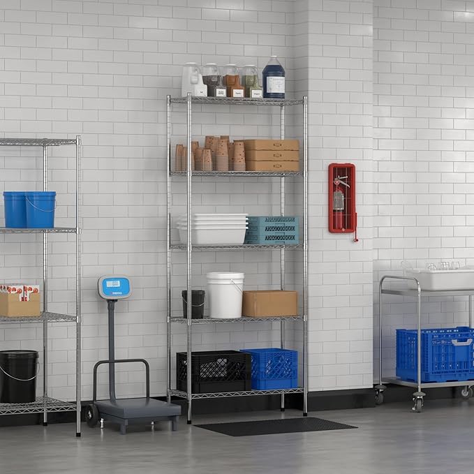 Commercial NSF Listed Chrome Stationary Wire Shelving Kit 14" x 36" x 86", with 5 Shelves Perfect for Warehouse, Walk-in Refrigerator, Freezer, Grocery Store, Restaurant, Dishroom