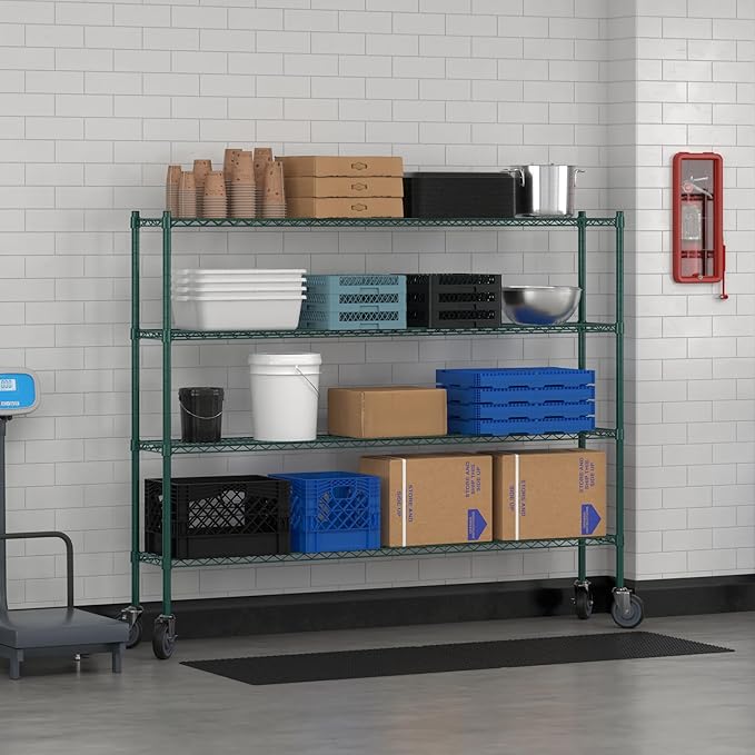 Commercial NSF Listed Green Epoxy Mobile Wire Shelving Kit 12" x 72" x 60", with 4 Shelves Perfect for Warehouse, Walk-in Refrigerator, Freezer, Grocery Store, Restaurant, Dishroom
