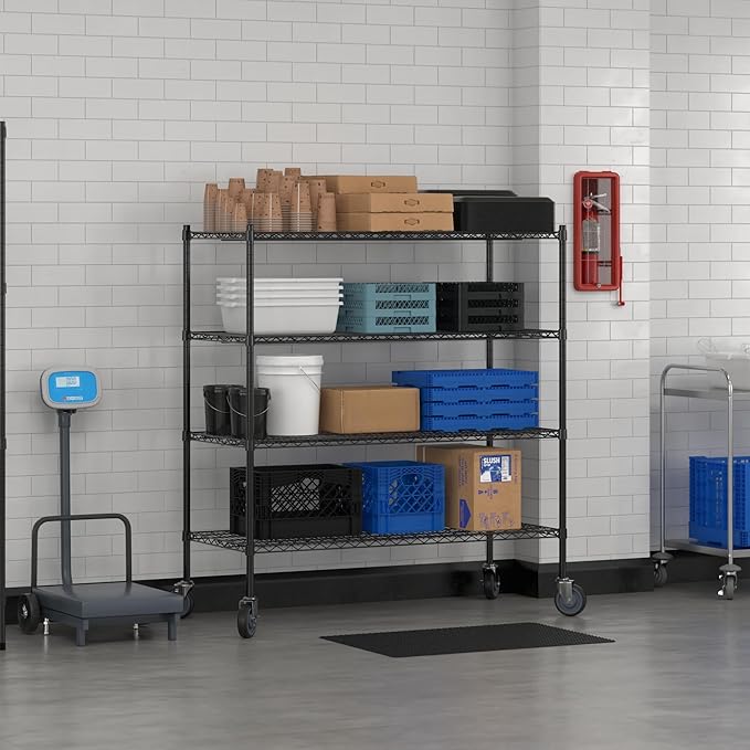 Commercial NSF Listed Black Epoxy Mobile Wire Shelving Kit 24" x 54" x 60", with 4 Shelves Perfect for Warehouse, Walk-in Refrigerator, Freezer, Grocery Store, Restaurant, Dishroom