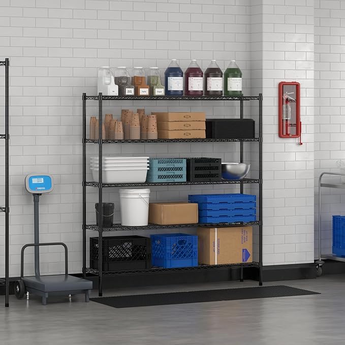 Commercial NSF Listed Black Epoxy Stationary Wire Shelving Kit 14" x 60" x 64", with 5 Shelves Perfect for Warehouse, Walk-in Refrigerator, Freezer, Grocery Store, Restaurant, Dishroom